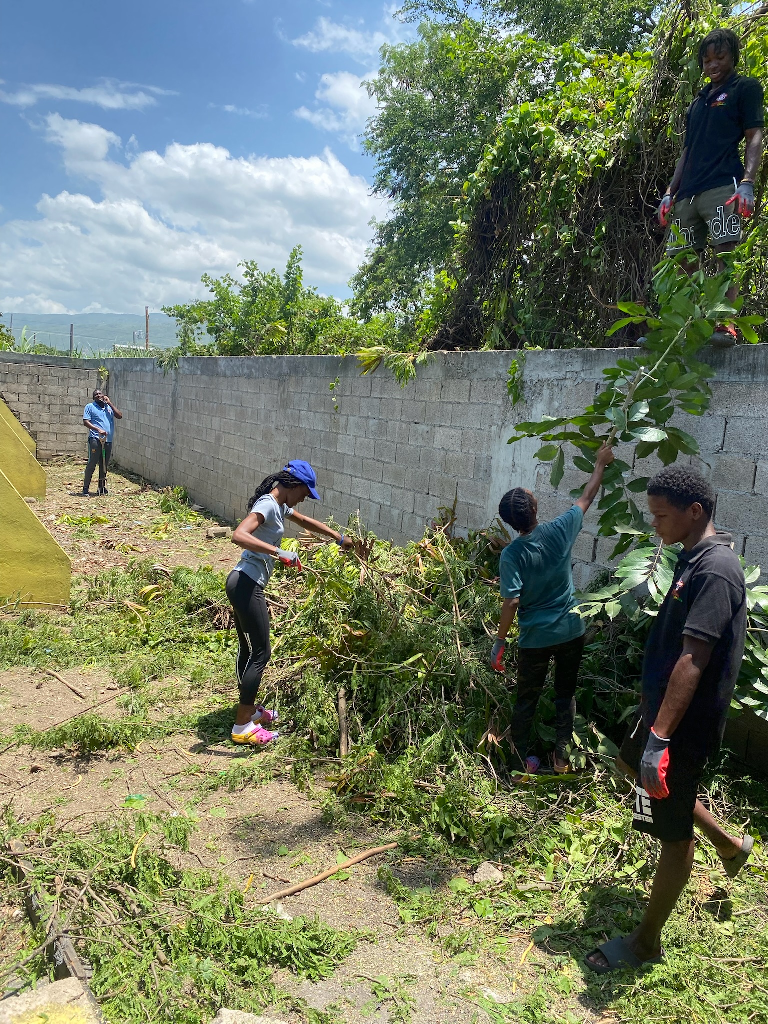 Volunteers working in a yard